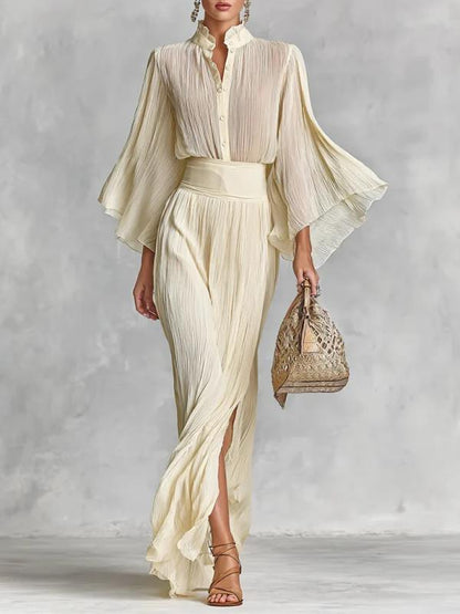 Pleated Wide-sleeve Shirt And Maxi Skirt Two-piece Women's Set - Gizmo Galaxy