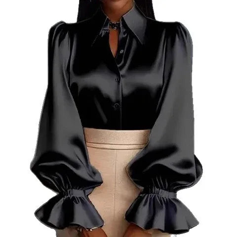 New Stylish Solid-colored Bubble Sleeve Long-sleeve Lapel Satin Shirt For Commuting - Gizmo Galaxy