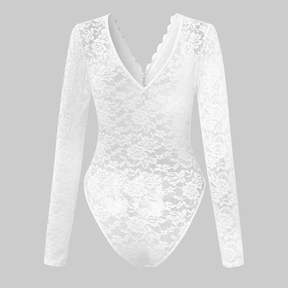 Sexy Solid-Color Lace Long-Sleeve Sheer Bodycon Jumpsuit - Gizmo Galaxy