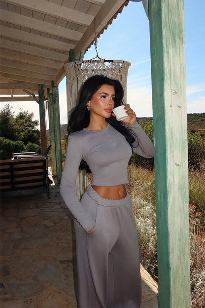 Women's Solid-color Casual Crew-neck Button-up Long-sleeve Top And Trousers - Gizmo Galaxy