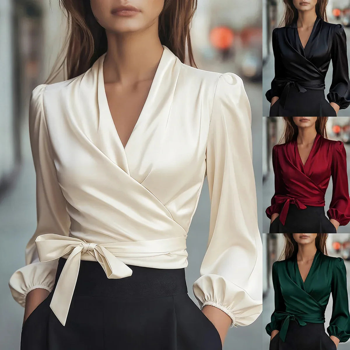 Womens Solid-Color V-Neck Elegant Satin-Bonded Shirt - Gizmo Galaxy