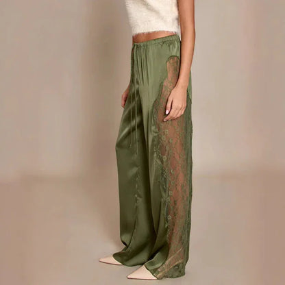 Fashionable Solid Color Sexy Satin Lace Loose Floor Length Pants - Gizmo Galaxy