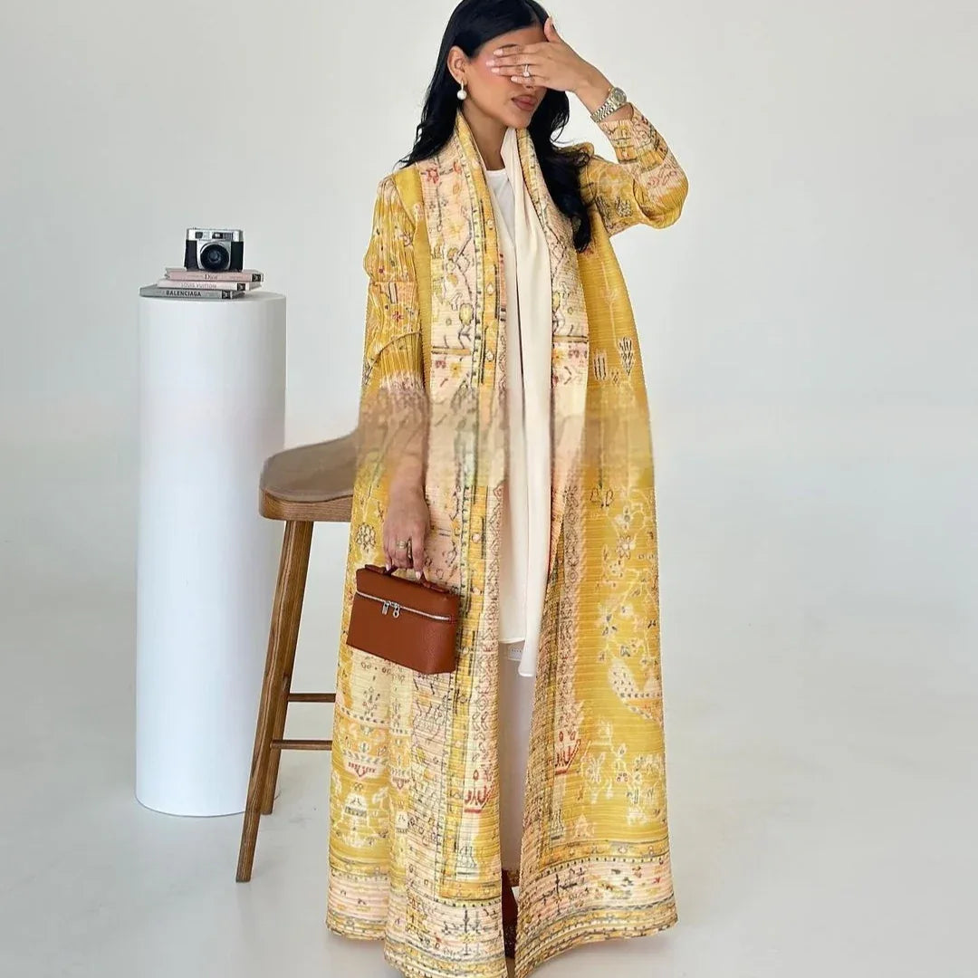 Pleated Trench Djellaba Hot-selling Printed Shawl Cardigan Ethnic Style Cloak Coat - Gizmo Galaxy