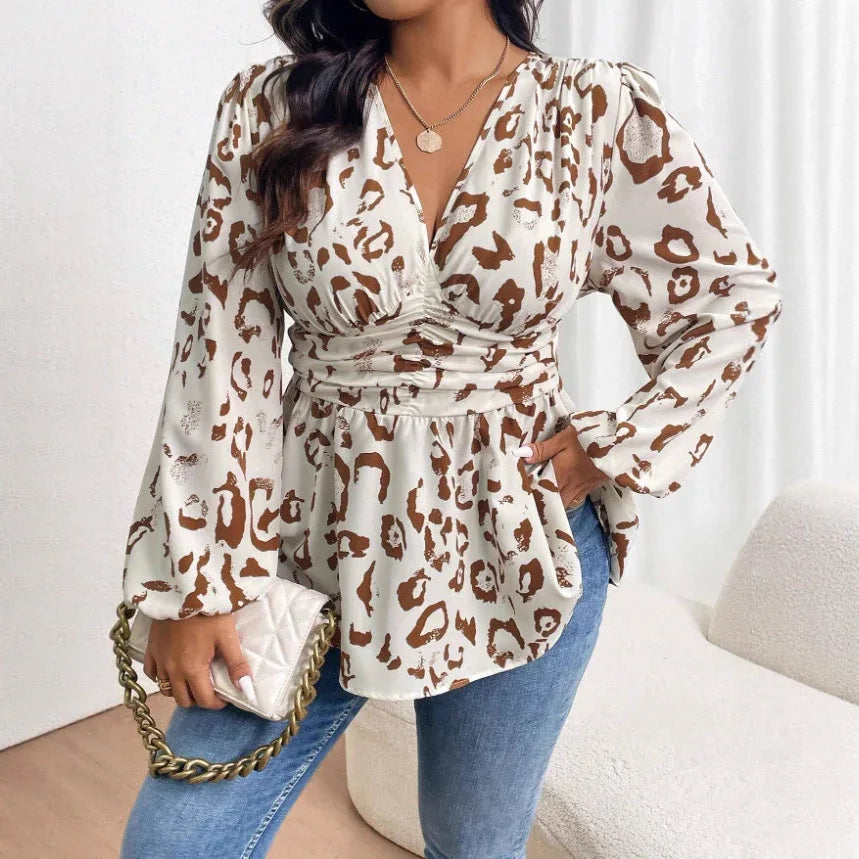Leopard Print V-neck Long Sleeve Shirt - Gizmo Galaxy