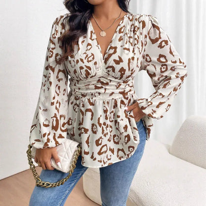Leopard Print V-neck Long Sleeve Shirt - Gizmo Galaxy