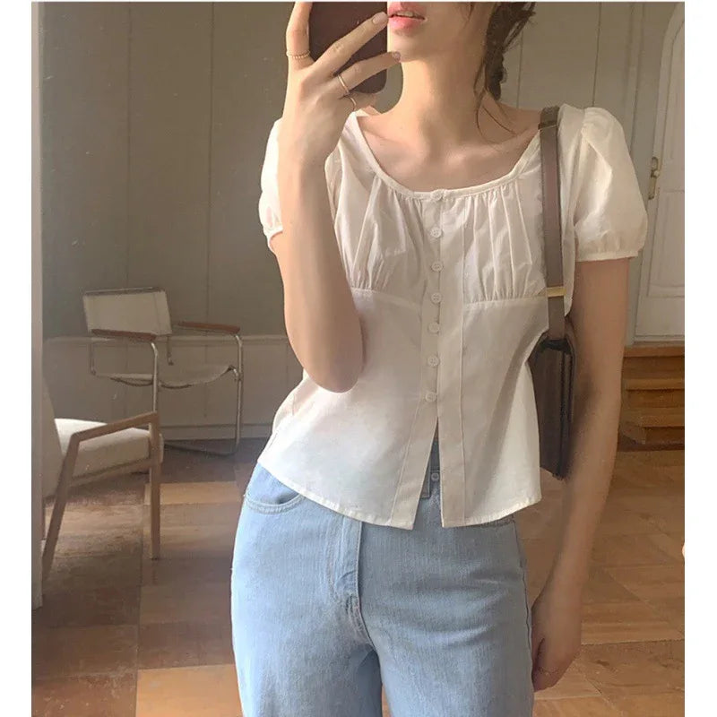 French Gentle Beige Apricot Small Shirt Top Women - Gizmo Galaxy