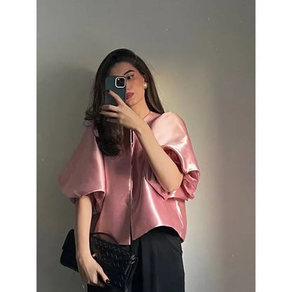 Solid Color Puff Sleeve Satin Short Coat - Gizmo Galaxy