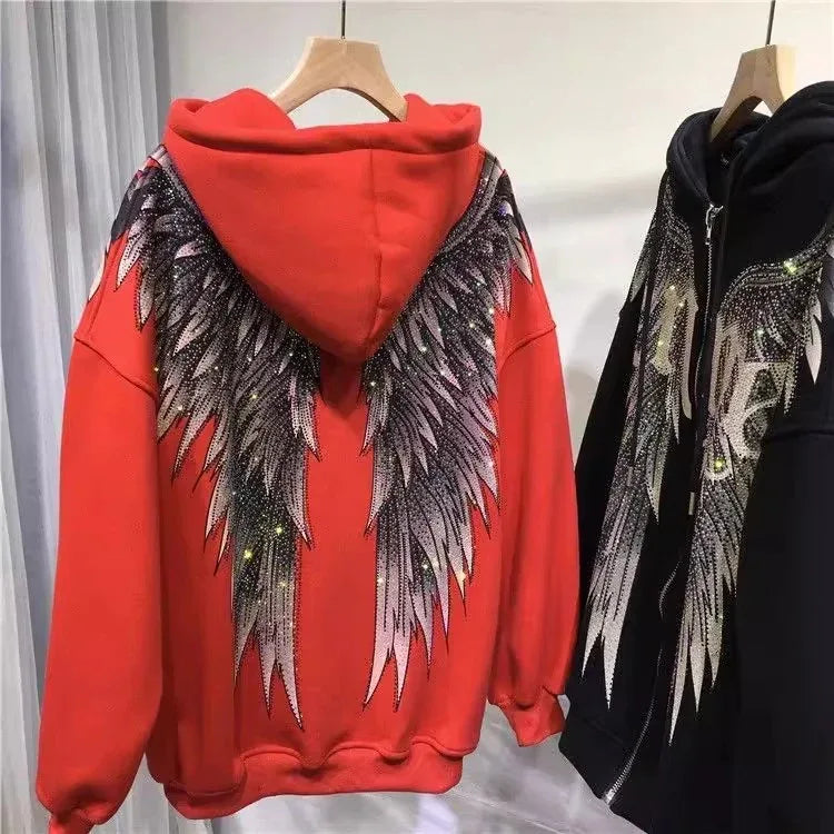 Heavy Embroidery Hot Drilling Light Luxury Front And Rear Wings Hooded Fleece Padded Coat Sweater - Gizmo Galaxy