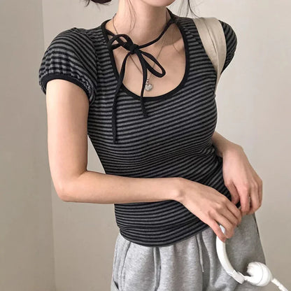 American Striped Round Neck Tied Short Sleeve - Gizmo Galaxy