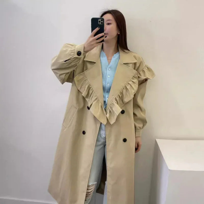 Niche Design Ruffled Stitching Long Trench Coat - Gizmo Galaxy