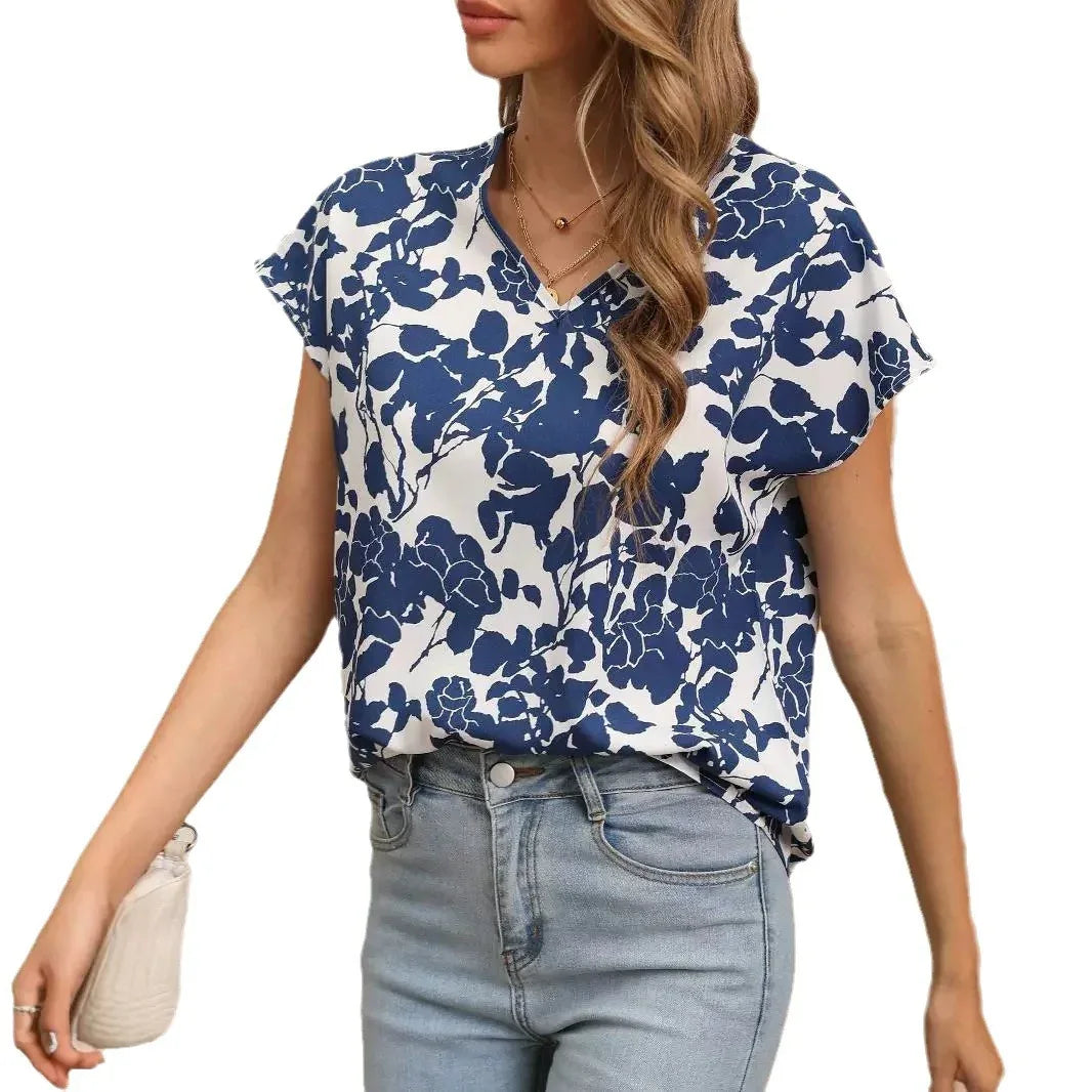 Printed Loose Half Sleeve V-neck Short Sleeve - Gizmo Galaxy