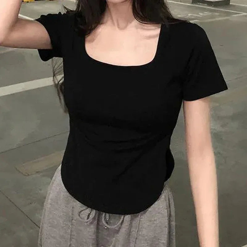 Summer U Collar Top Slim-fit Irregular Short-sleeved T-shirt For Women - Gizmo Galaxy