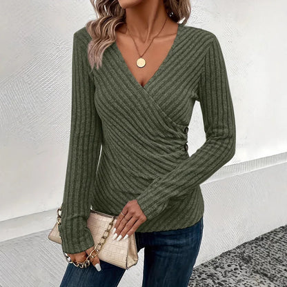 Spring And Autumn Women's Solid Color And V-neck Long-sleeved T-shirt Top - Gizmo Galaxy