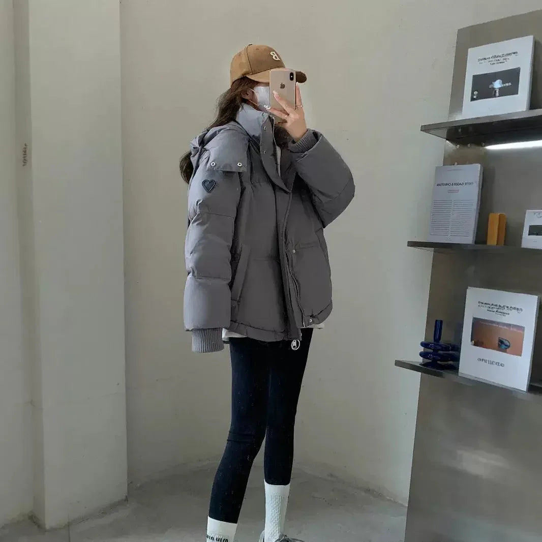 Gray With Heart Short Down Jacket Plus Size Women's Bread Coat - Gizmo Galaxy