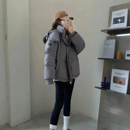 Gray With Heart Short Down Jacket Plus Size Women's Bread Coat - Gizmo Galaxy