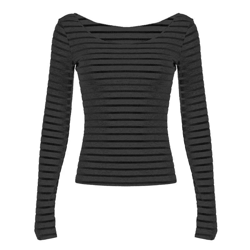 Oblique Shoulder Stripes Lightweight Slim-fit Long Sleeve Casual Top - Gizmo Galaxy