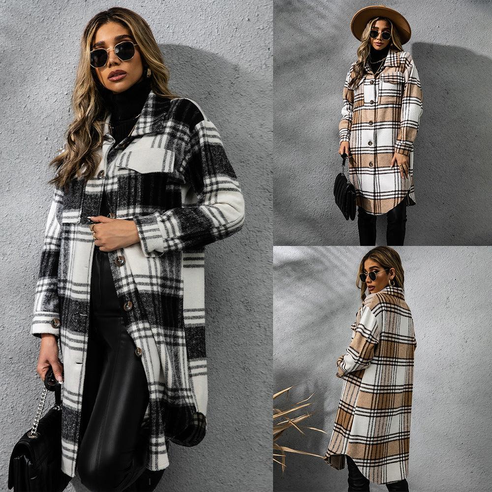 Fashion Plaid Single Row Button Coarse Wool Coat For Women - Gizmo Galaxy