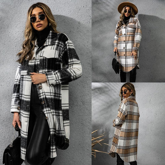 Fashion Plaid Single Row Button Coarse Wool Coat For Women - Gizmo Galaxy