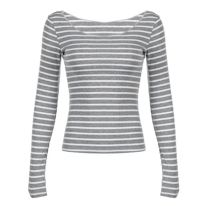 Oblique Shoulder Stripes Lightweight Slim-fit Long Sleeve Casual Top - Gizmo Galaxy