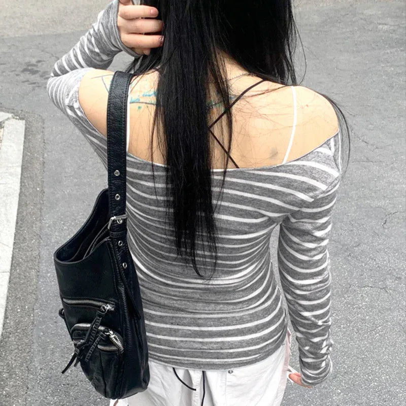 Oblique Shoulder Stripes Lightweight Slim-fit Long Sleeve Casual Top - Gizmo Galaxy