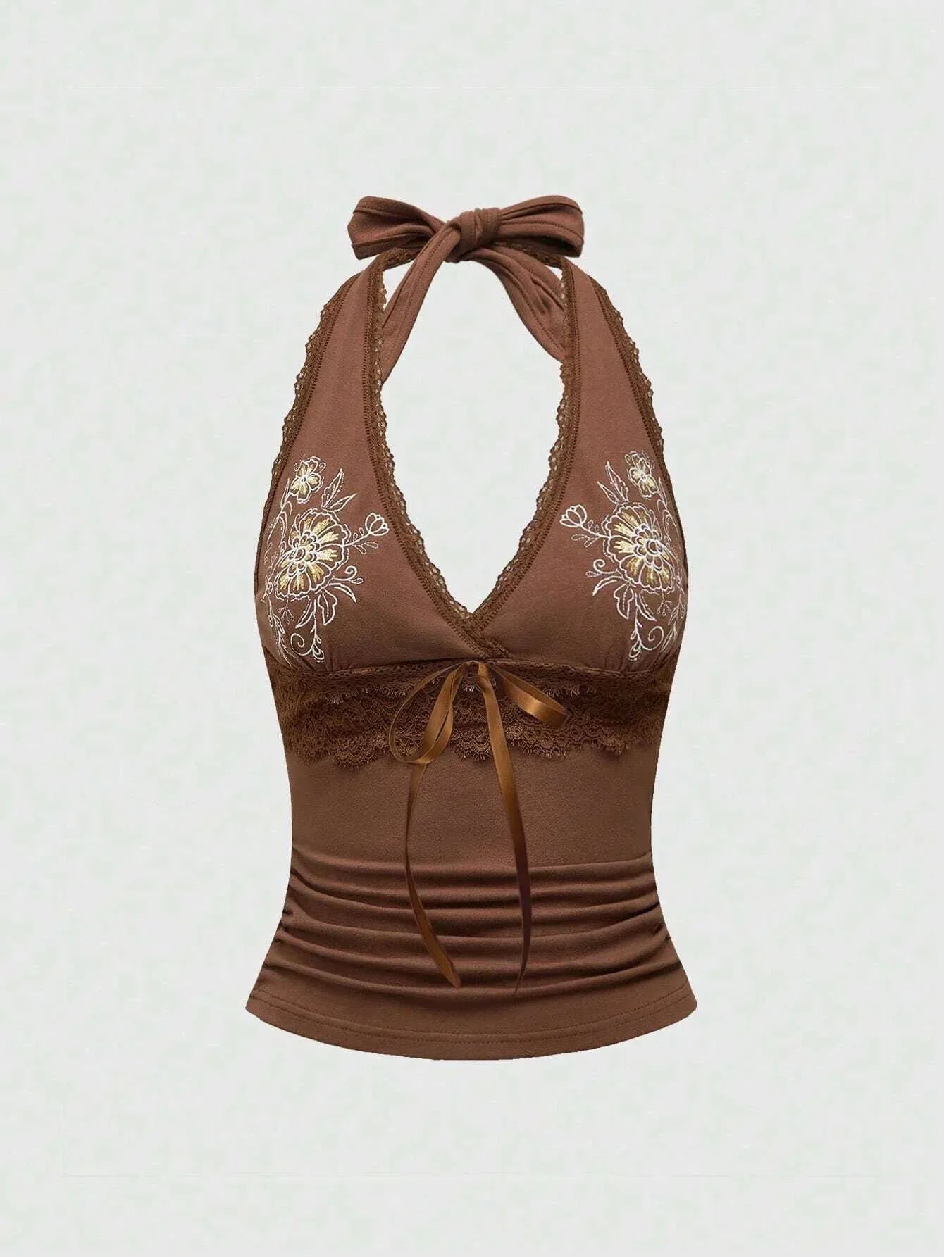 Sexy Floral Embroidered Lace Stitching Tied Vest Halter Slim Fit Slimming Spaghetti Straps - Gizmo Galaxy