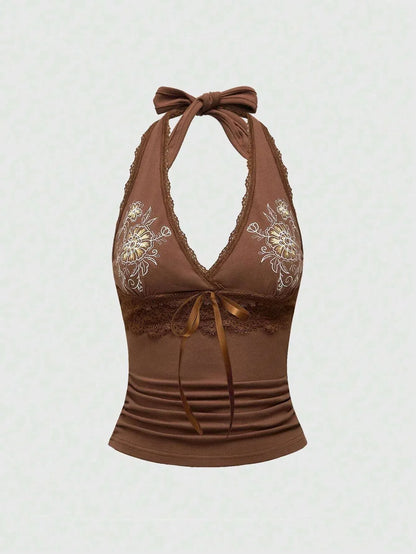 Sexy Floral Embroidered Lace Stitching Tied Vest Halter Slim Fit Slimming Spaghetti Straps - Gizmo Galaxy
