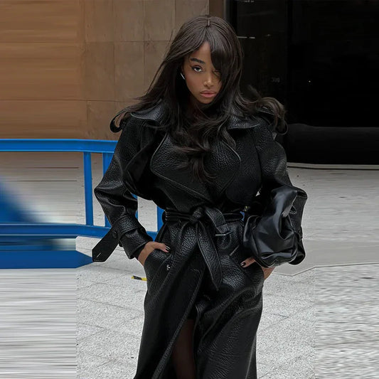 Autumn And Winter Women's Clothing New Leather Coat Elegant Long Leather Coat - Gizmo Galaxy