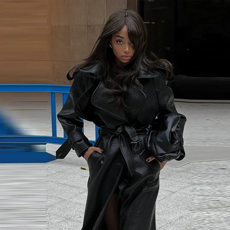 Autumn And Winter Women's Clothing New Leather Coat Elegant Long Leather Coat - Gizmo Galaxy