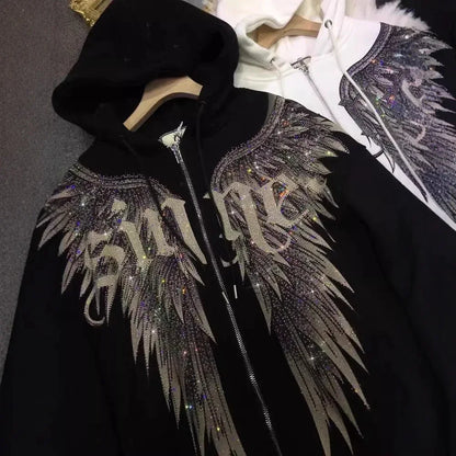 Heavy Embroidery Hot Drilling Light Luxury Front And Rear Wings Hooded Fleece Padded Coat Sweater - Gizmo Galaxy