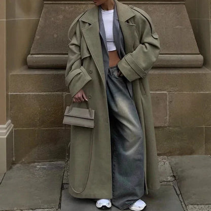 Lapel And Waist Tight Lace-up Long Coat Woolen Coat - Gizmo Galaxy