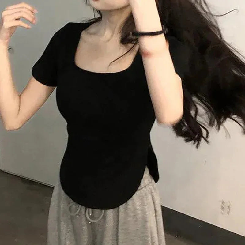 Summer U Collar Top Slim-fit Irregular Short-sleeved T-shirt For Women - Gizmo Galaxy