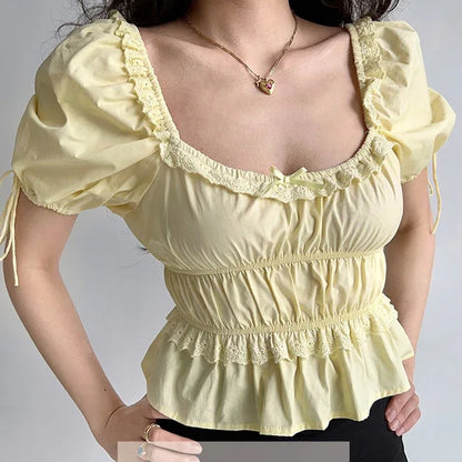 Retro Square Collar Puff Sleeve Lace Shirt - Gizmo Galaxy