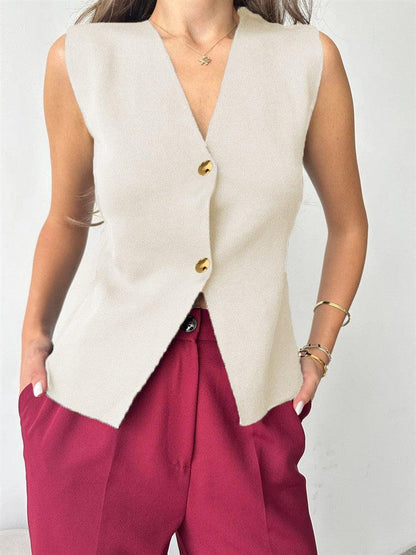 Metal Buckle Slit Knitted Vest Slim Fit Vest Foreign Trade Tup Cardigan - Gizmo Galaxy