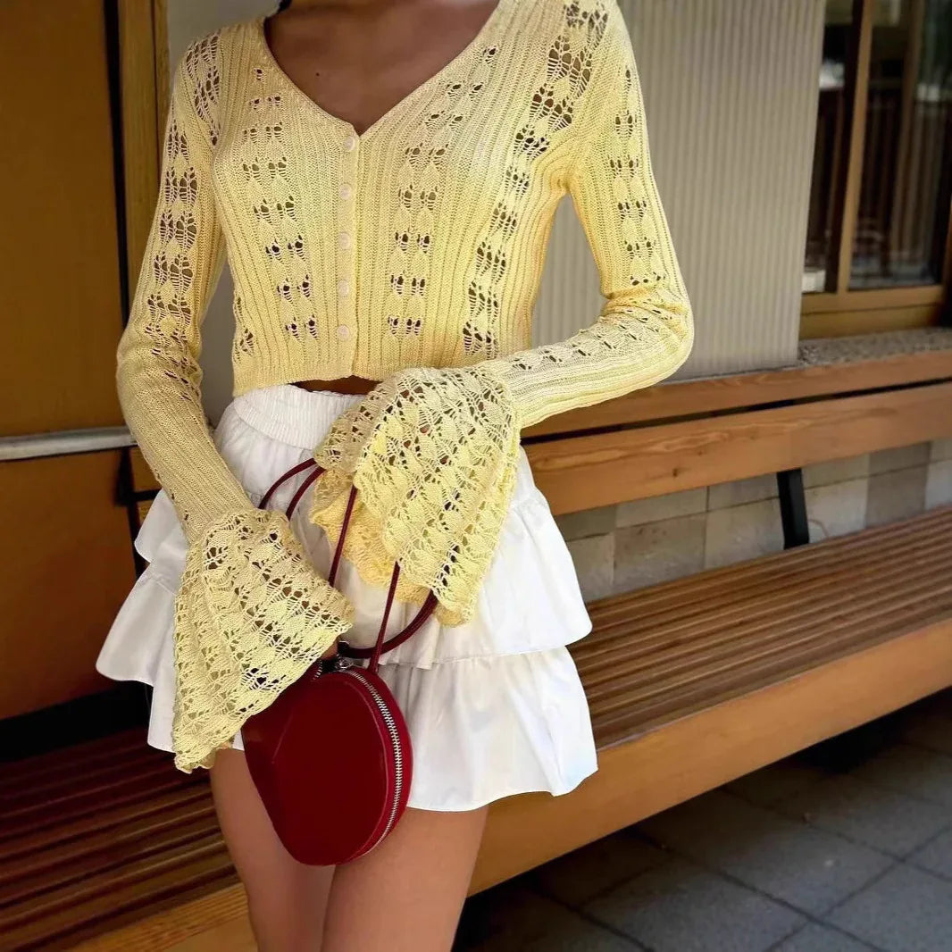 Women's Clothes Sexy Cutout Bell Sleeve Solid Color Short Knitted Top - Gizmo Galaxy