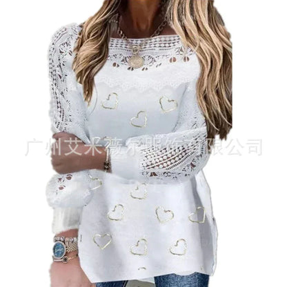 Printed Sexy Lace Thick Long Sleeved T-shirt Knitted Sweater - Gizmo Galaxy