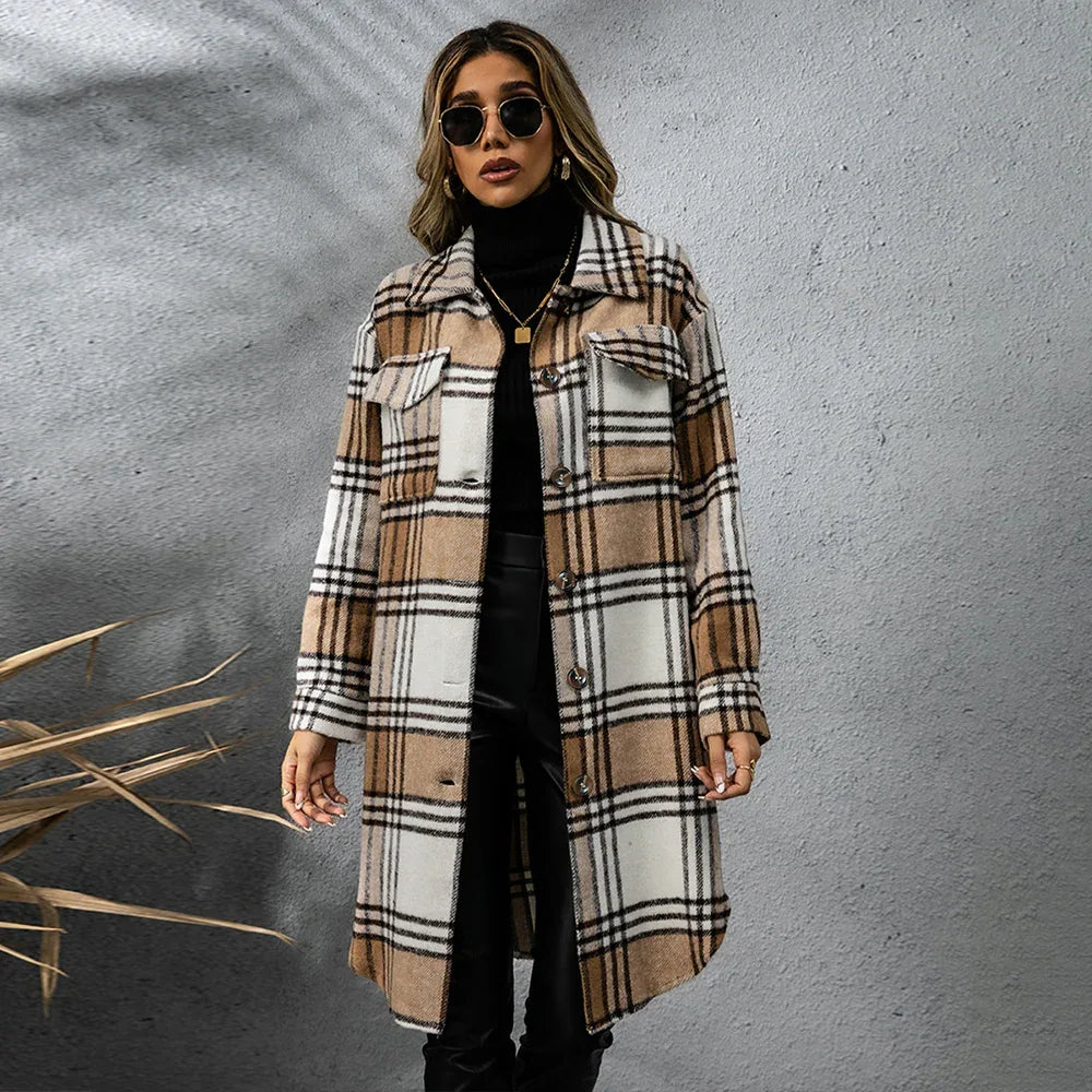 Fashion Plaid Single Row Button Coarse Wool Coat For Women - Gizmo Galaxy