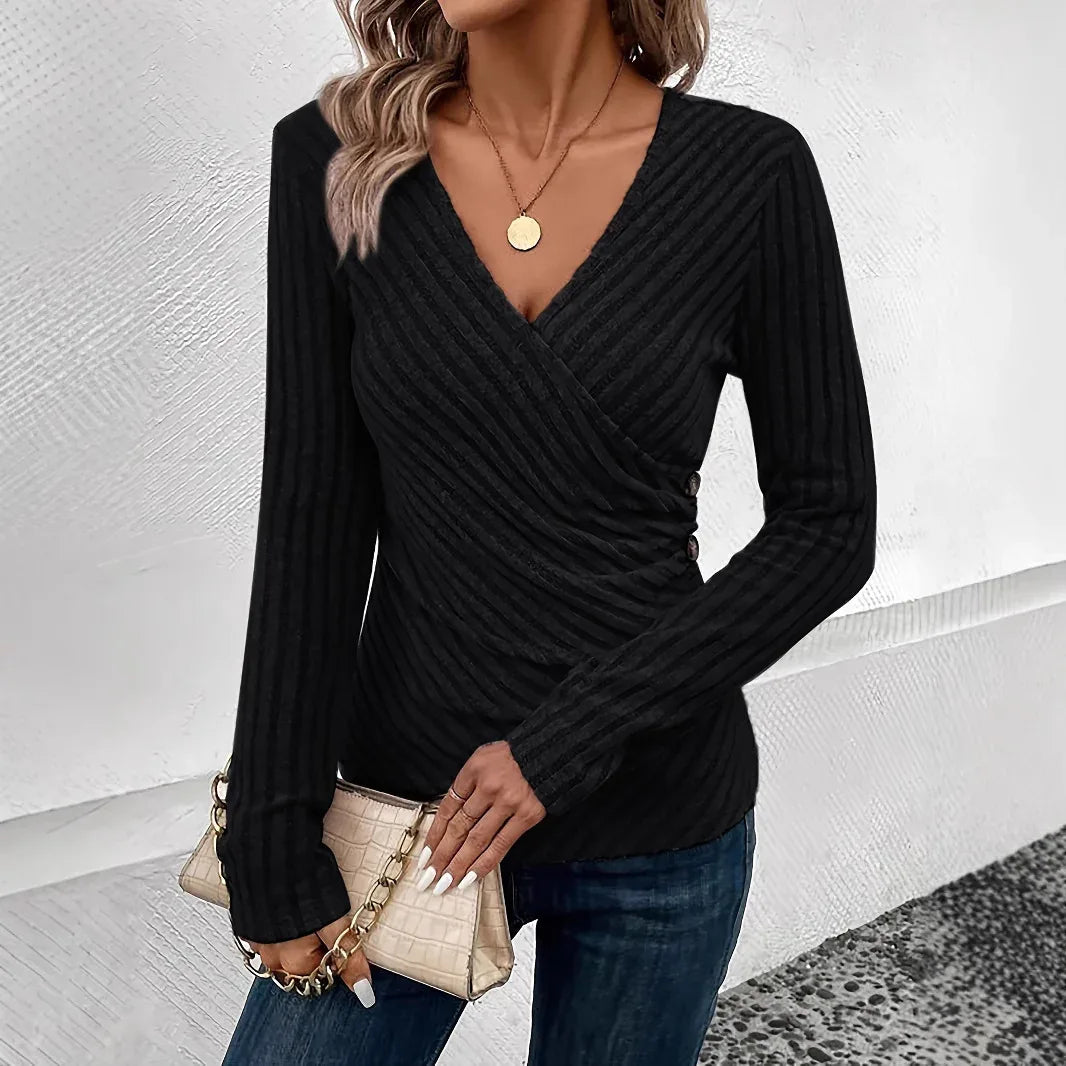 Spring And Autumn Women's Solid Color And V-neck Long-sleeved T-shirt Top - Gizmo Galaxy