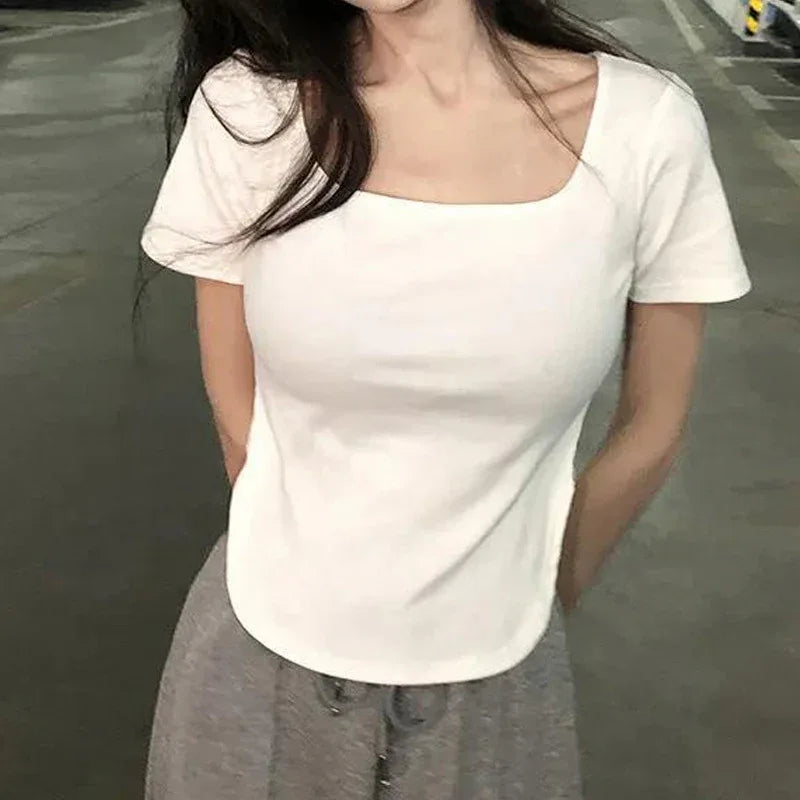 Summer U Collar Top Slim-fit Irregular Short-sleeved T-shirt For Women - Gizmo Galaxy