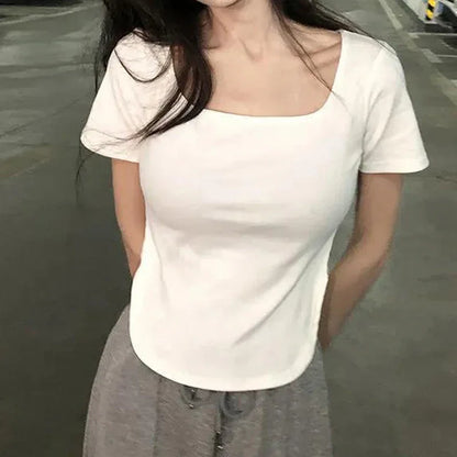 Summer U Collar Top Slim-fit Irregular Short-sleeved T-shirt For Women - Gizmo Galaxy