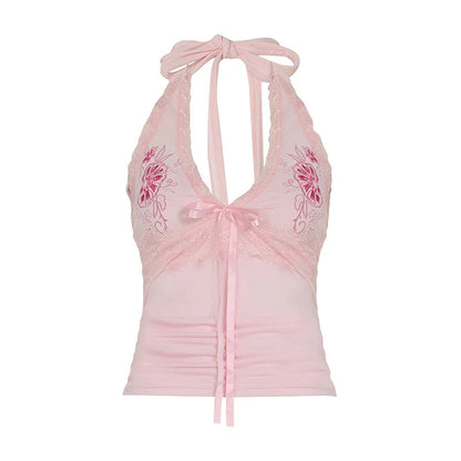 Sexy Floral Embroidered Lace Stitching Tied Vest Halter Slim Fit Slimming Spaghetti Straps - Gizmo Galaxy