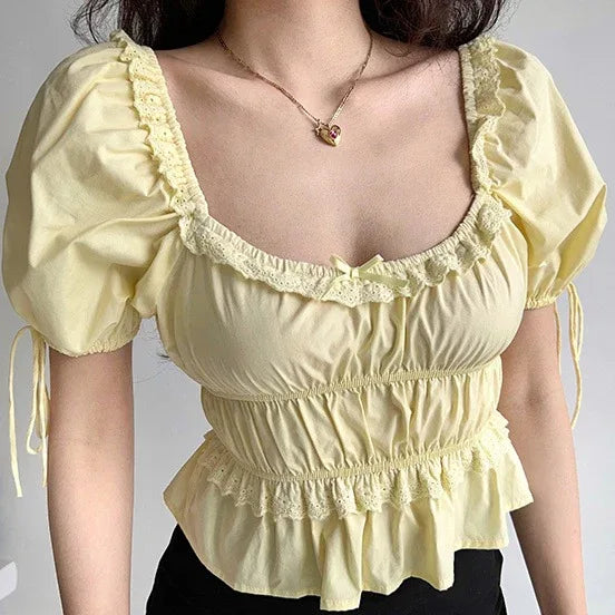 Retro Square Collar Puff Sleeve Lace Shirt - Gizmo Galaxy