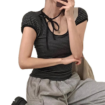 American Striped Round Neck Tied Short Sleeve - Gizmo Galaxy