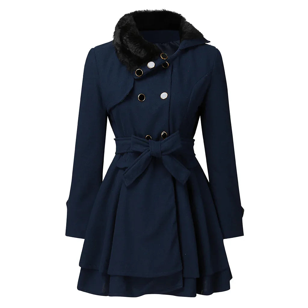 Women's Fur Collar Coat Double-breasted Trench Coat With Large Skirt - Gizmo Galaxy