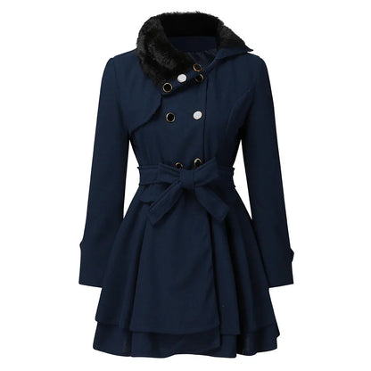 Women's Fur Collar Coat Double-breasted Trench Coat With Large Skirt - Gizmo Galaxy