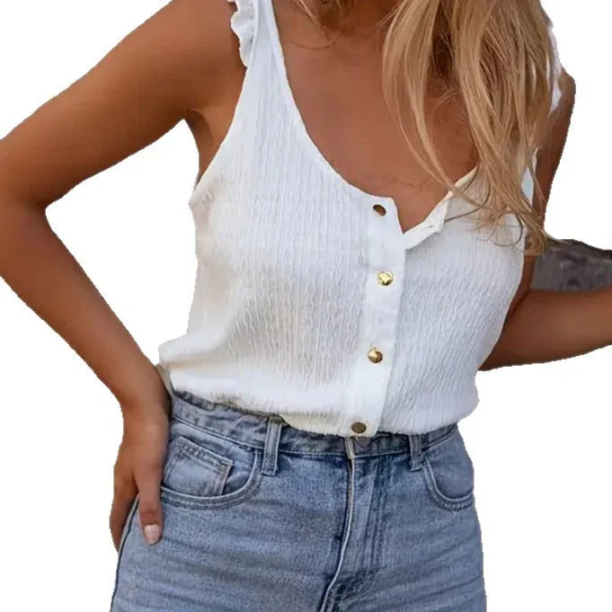 Solid Color Knitted Round Neck Ruffled Sweet Sleeveless Top - Gizmo Galaxy