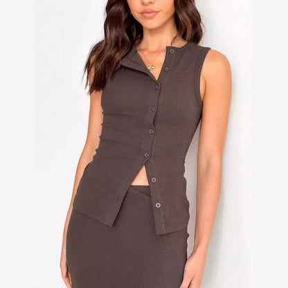 New Solid Color Sexy Sleeveless Button Cardigan - Gizmo Galaxy