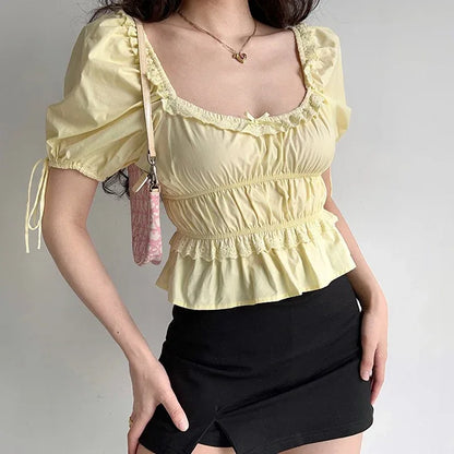 Retro Square Collar Puff Sleeve Lace Shirt - Gizmo Galaxy