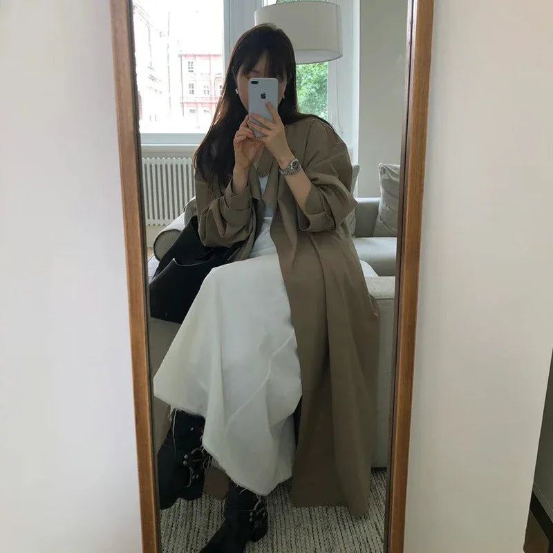 Graceful Stand Collar Loose Slimming Long Below The Knee Trench Coat - Gizmo Galaxy