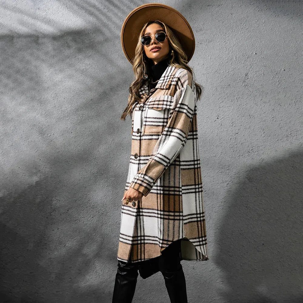 Fashion Plaid Single Row Button Coarse Wool Coat For Women - Gizmo Galaxy