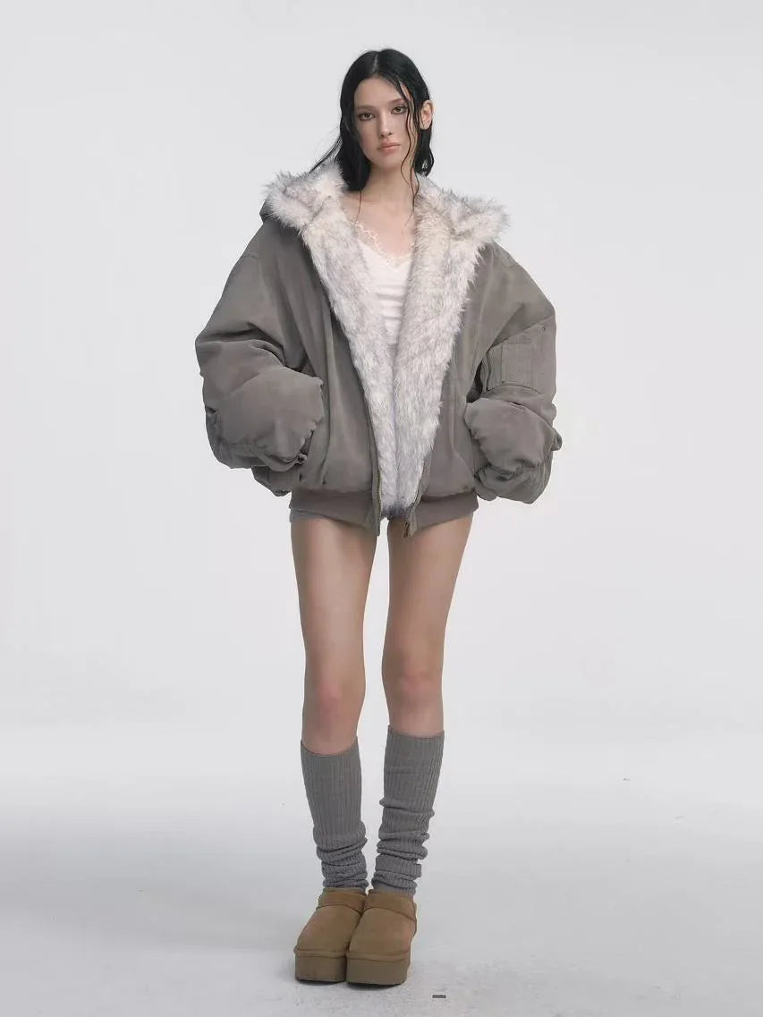 Gray Double-sided Dyed Pointed Fur Vintage Cotton-padded Jacket Coat - Gizmo Galaxy